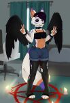  absurd_res angel anthro bedroom black_eyes black_hair bottomwear bulge canid canine clothing collar demon feet fox fur gesture girly hair hi_res inside legwear male mammal maxizz midriff multicolored_body multicolored_fur navel pentagram scar shirt shorts smile solo standing summoning tail_motion tank_top tattoo tights topwear torn_clothing underwear v_sign white_body white_fur wings 