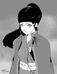  1girl azumi_(azumi) azumi_(series) bangs cape highres japanese_clothes long_hair monochrome ponytail solo_focus sword tewtaro weapon 