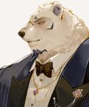  5:6 anthro beard borealis_(live-a-hero) bow_tie clothing facial_hair fur hinokumo_f jewelry lifewonders live-a-hero male mammal necklace polar_bear side_profile side_view simple_background solo suit ursid ursine video_games white_background white_body white_fur 