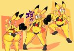  abstract_background absurd_res anthro belly blackmore bottomwear breasts bubble_butt butt cleavage clothed clothing cosplay_pikachu_(costume) female generation_1_pokemon gesture hi_res jojo&#039;s_bizarre_adventure looking_back meme menacing_(meme) navel nintendo pikachu pikachu_libre pokemon pokemon_(species) pose raised_tail smile solo thick_thighs topwear video_games 