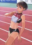  1girl abs brown_eyes brown_hair flat_chest highres navel original otsu_natsu outdoors short_hair solo standing stomach track_and_field 
