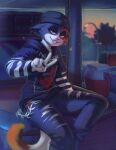  2022 5_fingers anthro black_beanie black_clothing black_hoodie black_topwear blue_bottomwear blue_clothing blue_pants bottomwear calico_cat car clothing domestic_cat ear_piercing epic_games felid feline felis female fingers fortnite gesture hand_gesture hi_res hoodie lidded_eyes looking_at_viewer mammal meow_skulls_(fortnite) mottled pants piebald piercing rosenvelvett sitting solo topwear v_sign vehicle video_games 