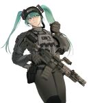  1girl ammunition_pouch aqua_eyes aqua_hair ar-15 assault_rifle gloves gun handgun hat hatsune_miku holding holding_weapon knee_pads maxturbo69 military military_uniform pouch radio rifle scope smile solo twintails uniform weapon white_background 