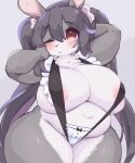  absurd_res anthro areola areola_slip bangs big_breasts black_hair blush breasts chubby_female eigetsu female fur grey_background grey_body grey_fur grey_hair hair hi_res multicolored_body multicolored_fur one_eye_closed raised_arms simple_background solo standing thick_thighs white_body white_fur wide_hips 