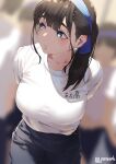  1girl arms_behind_back blue_eyes blue_hairband blurry blurry_background breasts brown_hair closed_mouth commentary_request gym_uniform hairband jonsun large_breasts looking_to_the_side medium_hair mole mole_under_eye open_mouth original solo_focus tamami_(jonsun) twitter_username 