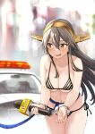  1girl alternate_costume bangs bikini blush breasts car cleavage commission cuffs grey_hair ground_vehicle hair_between_eyes hair_ornament hairclip handcuffs haruna_(kancolle) headgear highres holding holding_microphone kantai_collection large_breasts long_hair microphone motion_lines motor_vehicle orange_eyes parted_lips police_car rope side-tie_bikini_bottom sidelocks skeb_commission solo swimsuit tears translated very_long_hair watanore 