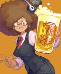  1girl afro alcohol beer beer_mug black-framed_eyewear black_pants black_vest breasts brown_background brown_eyes brown_hair commission cup foam glasses headphones highres holding holding_cup large_breasts looking_at_viewer mizuno_(okn66) mug necktie open_mouth pants red_necktie shirt simple_background skeb_commission solo vest vrchat white_shirt 