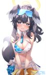  1girl animal_ears bangs black_hair blue_archive blue_eyes blush breasts cleavage dog_boy dog_ears dog_tail eyewear_on_head goggles goggles_on_head halo hibiki_(blue_archive) hibiki_(cheerleader)_(blue_archive) highres holding holding_pom_poms large_breasts long_hair looking_at_viewer nose_blush parted_lips pleated_skirt pom_pom_(cheerleading) poncho_(31103105) ponytail simple_background skirt solo star_(symbol) sticker sticker_on_face tail white_background 