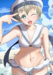  beach bikini bikini_skirt blonde_hair blue_sky breasts collarbone frilled_bikini frills green_eyes highres kantai_collection kikuchi-shoogo navel official_alternate_costume one_eye_closed outdoors short_hair sky small_breasts swimsuit very_short_hair white_bikini z1_leberecht_maass_(kancolle) 