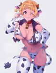  1girl animal_ears animal_print bangs bare_shoulders becky-4545 bell bikini blunt_bangs blush breasts character_request clenched_teeth collar commentary_request copyright_request cow_print cowbell cowboy_shot dot_nose ear_tag grey_background horns large_breasts leaning_forward looking_at_viewer navel neck_bell one_eye_closed open_mouth orange_hair purple_eyes short_hair side-tie_bikini_bottom sidelocks simple_background skindentation sleeveless solo sweat swimsuit tail tareme teeth thighhighs 