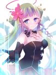  1girl ameth_(princess_connect!) bare_shoulders black_gloves black_shirt breasts closed_mouth elbow_gloves flower gloves green_hair gucchiann hair_flower hair_ornament halo highres long_hair looking_at_viewer medium_breasts multicolored_hair pink_flower pleated_skirt princess_connect! purple_hair red_skirt ringlets shirt skirt smile solo two-tone_hair very_long_hair 