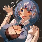  1girl bangs black_background blue_eyes blue_hair blue_nails blue_vest breasts cleavage closed_mouth collared_shirt earrings hair_ornament hairpin heart heterochromia highres jewelry large_breasts looking_at_viewer nail_polish piercing red_eyes shirt short_hair solo tatara_kogasa tomatolover16 tongue tongue_out tongue_piercing touhou upper_body vest white_shirt 