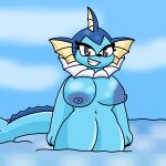  anthro big_breasts breasts digital_media_(artwork) eeveelution female generation_1_pokemon happy hi_res looking_at_viewer lyncario nintendo nude pokemon pokemon_(species) simple_background smile solo thick_thighs vaporeon video_games water 