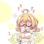  0_0 1girl :d ahoge ahoge_wag bangs bare_shoulders black-framed_eyewear blonde_hair blue_archive blush blush_stickers braid breasts cosplay expressive_hair flying_sweatdrops glasses hair_between_eyes hand_cursor hibiki_(blue_archive) hibiki_(blue_archive)_(cosplay) hibiki_(cheerleader)_(blue_archive) hibiki_(cheerleader)_(blue_archive)_(cosplay) holding kotori_(blue_archive) kurukurumagical large_breasts long_hair low_twintails navel nervous_smile nose_blush pleated_skirt poking_belly pom_pom_(cheerleading) semi-rimless_eyewear skirt smile solo speed_lines sweat translation_request twintails under-rim_eyewear v-shaped_eyebrows white_skirt 