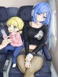  1other 2girls :p airplane_interior bangs black_shirt blonde_hair blue_eyes blue_hair blue_pants blunt_bangs bra_strap breasts cellphone chaesu collarbone commentary crop_top empty_eyes english_commentary green_eyes grey_pants head_rest headphones highres holding holding_phone jewelry leaning_to_the_side long_hair long_sleeves looking_at_viewer midriff minah_(chaesu) multiple_girls no_shoes open_mouth original pants parted_lips phone pink_shirt ring shirt sitting sleeves_past_wrists smartphone smile socks taut_clothes taut_shirt thighs tongue tongue_out v_arms very_long_hair white_socks 