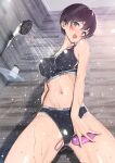  1girl bangs bare_shoulders bathing bathroom black_hair black_panties black_sports_bra blue_eyes blush bra breasts cameltoe clothed_bath covered_nipples crop_top dildo from_below furuyama_itaru hair_between_eyes head_tilt looking_at_viewer looking_down midriff navel open_mouth original panties sex_toy short_hair shower_(place) shower_head showering smile solo sports_bra sports_panties sportswear spread_legs standing underwear underwear_writing vibrator wet wet_hair 