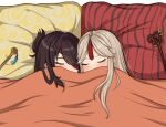  2girls artist_name bangs beidou_(genshin_impact) black_hair blonde_hair blush closed_eyes commentary eyepatch genshin_impact hair_ornament hair_ornament_removed hair_stick long_hair multiple_girls ningguang_(genshin_impact) parted_bangs pillow sleeping under_covers vickie_(cryingrobot) yuri 