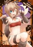  1girl ;d animal_ears bandeau bangs bare_shoulders blue_eyes boots brown_gloves brown_hair brown_shorts claw_pose commentary crescent_moon english_text fang fingerless_gloves floating fur-trimmed_shorts fur_boots fur_gloves fur_trim ghost gloves hair_ornament hairclip halloween halloween_costume happy_halloween jewelry knee_boots knee_up kuzukiri_(riezenagel) looking_at_viewer moon navel necklace one_eye_closed original red_bandeau ria_(kuzukiri) short_hair shorts silk smile solo sparkle spider_web tail thigh_strap 