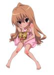  1girl aisaka_taiga bangs barefoot blush brown_eyes brown_hair commentary_request dress full_body hair_between_eyes hand_on_own_cheek hand_on_own_face highres long_hair looking_at_viewer nyantamaran palmtop_tiger pink_dress simple_background sitting smile toradora! white_background 