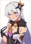  1girl absurdres bangs bare_shoulders black_leotard blush breasts brown_eyes cleavage commentary eyebrows_hidden_by_hair grey_hair hair_between_eyes hand_up highres honkai_(series) honkai_impact_3rd iog626 kiana_kaslana kiana_kaslana_(herrscher_of_the_void) leotard long_hair looking_at_viewer medium_breasts parted_lips smile solo upper_body very_long_hair white_background 