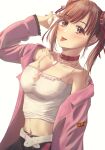  1girl absurdres belt breasts brown_eyes brown_hair cleavage double_bun hair_bun highres idolmaster idolmaster_shiny_colors jewelry long_sleeves looking_at_viewer medium_breasts misanga_(hxjd5354) navel necklace solo sonoda_chiyoko tongue tongue_out upper_body 