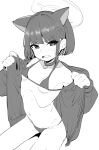 1girl animal_ears bangs bikini blue_archive blush breasts choker fang greyscale halo highres jacket kazusa_(blue_archive) long_sleeves looking_at_viewer micro_bikini monochrome open_clothes open_jacket open_mouth ribs short_hair simple_background skin_fang small_breasts solo sweat swimsuit yamai_18gazou 