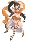  1girl :d asymmetrical_sleeves belly_chain black_hair bra breasts circlet dancer detached_sleeves ebinku fire_emblem fire_emblem:_genealogy_of_the_holy_war grey_eyes highres jewelry laylea_(fire_emblem) leg_up long_hair looking_at_viewer medium_breasts midriff navel ponytail revealing_clothes sandals showgirl_skirt simple_background single_detached_sleeve smile solo underwear very_long_hair white_background 