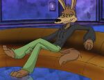  anthro barefoot bent_legs canid canine canis clothed clothing coyote crossed_legs feet leg_over_thigh looking_at_viewer loonatics_unleashed looney_tunes male mammal sitting smile solo tech_e._coyote unknown_artist warner_brothers 