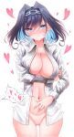  1girl blue_eyes blue_hair blush bottomless breasts dress_shirt embarrassed hair_intakes hairband heart highres hololive hololive_english hungry large_breasts layer_(artist) medium_hair multicolored_hair naked_shirt no_bra ouro_kronii pussy saw shirt solo trembling virtual_youtuber 
