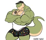  2022 absurd_res anthro artist_name barazoku baseball_cap biceps big_bulge big_muscles body_hair bulge chest_hair clothed clothing crossed_arms darknaigart dinosaur facial_hair hat headgear headwear hi_res huge_muscles jace_(darknaig) looking_at_viewer male muscular muscular_anthro muscular_male pattern_clothing pattern_underwear pecs reptile scalie shirt simple_background smile solo standing tank_top tattoo teeth theropod thick_thighs topwear tyrannosaurid tyrannosaurus tyrannosaurus_rex underwear white_background 