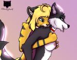  anthro bite blackinkwolf blonde_hair breast_grab breasts canid canine canis collar danger_(blackinkwolf) digital_media_(artwork) duo felid feline female female/female fur grabbing_from_behind hair hand_on_breast mammal markings medium_breasts neck_bite nipples nude open_mouth pantherine sady simple_background smile striped_body stripes tail_markings tiger tongue tongue_out wolf 