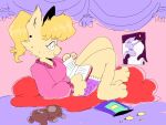  anthro bedroom blonde_hair canid canine claws clothing fangs female fox fur hair hi_res mammal pawpads paws pink_clothing plushie poster puppkittyfan1 purple_clothing simple_background smile solo teddy_bear yellow_body yellow_fur 