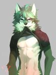  2020 abs anthro black_nose blue_eyes canid canine canis cheek_tuft clothed clothing clothing_lift eyebrows facial_tuft front_view grey_background half-length_portrait hi_res kiske_7key looking_at_viewer male mammal muscular muscular_male navel neck_tuft nipples pecs pink_nipples portrait shirt shirt_in_mouth shirt_lift simple_background smile solo standing topwear tuft white_eyebrows wolf 