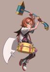  1girl absurdres ahoge bag bangs closed_mouth dr_watsonspcbt english_commentary full_body green_eyes hair_between_eyes hammer highres holding holding_hammer holding_weapon medic_(sekaiju) medic_2_(sekaiju) orange_hair sekaiju_no_meikyuu sekaiju_no_meikyuu_1 shin_guards shoes short_hair simple_background smile solo striped striped_thighhighs tan_background thighhighs two-handed weapon 