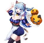  1girl :d animal_costume animal_ears apron bangs bell blue_eyes blue_hair breasts calico cat_costume cat_ears cat_tail choker cleavage detached_sleeves drill_hair fake_animal_ears fake_tail fang food hairband halloween hand_up holding holding_tray indie_virtual_youtuber jack-o&#039;-lantern koe_01_03 large_breasts long_hair looking_at_viewer neck_bell open_mouth puff_and_slash_sleeves puffy_sleeves pumpkin scrunchie short_sleeves shorts smile solo tail thighhighs tray trick_or_treat tsubakino_comachi underbust very_long_hair waist_apron 