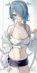  1girl alternate_hair_length alternate_hairstyle blue_eyes blue_hair breasts cleavage elira_pendora english_commentary fang hair_over_one_eye head_wings highres large_breasts long_sleeves looking_at_viewer multicolored_hair navel nijisanji nijisanji_en off_shoulder oimo_0imo pointy_ears short_hair simple_background sleeves_past_fingers sleeves_past_wrists smile solo stomach sweater virtual_youtuber white_background white_sweater 