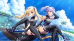  2girls bare_shoulders black_footwear black_gloves black_ribbon blonde_hair blue_eyes boots breasts copyright dolphin_wave elbow_gloves fingerless_gloves gloves hair_ribbon high_heel_boots high_heels highres kazami_ellen long_hair looking_at_viewer medium_breasts multiple_girls official_art palm_tree ponytail purple_hair red_eyes ribbon sitting smile souma_hayate thigh_boots tree twintails water_drop 