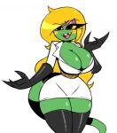  3_fingers anthro belt big_breasts breasts cleavage clothed clothing eliza_(nelljoestar) female fingers gloves green_body hair handwear hi_res iguanid latex_gloves latex_legwear lizard long_hair long_tail nelljoestar reptile scalie solo thick_thighs white_clothing wide_hips yellow_sclera 