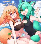  2girls ahoge animal_ear_fluff animal_ears arm_support bangs bare_shoulders blush bonnie_(bunny_gif) breasts carrot character_request cleavage cloud cloudy_sky commission copyright_request dot_nose feet_out_of_frame glasses green_eyes green_hair hair_between_eyes hair_ornament hairclip horizon looking_at_viewer multiple_girls navel open_mouth orange_hair pink_eyes rabio_(labi555) semi-rimless_eyewear skeb_commission sky sleeveless smile tail tareme thick_eyebrows under-rim_eyewear virtual_youtuber water 