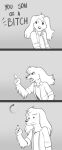  3_panel_comic anthro canid canine canis cheek_tuft clothing domestic_dog dot_eyes facial_tuft floppy_ears freckles_(artist) grey_background greyscale half-closed_eyes hoodie humor loading_screen male mammal monochrome narrowed_eyes open_mouth pecas_(freckles) profanity simple_background solo_focus topwear tuft wide_eyed 