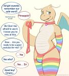  2022 anthro arm_warmers armwear biped blue_eyes blush clothing collar dabelette dialogue dragonite english_text front_view generation_1_pokemon girly good_boy holding_own_leash jockstrap leash legwear male mostly_nude multicolored_body multicolored_clothing multicolored_legwear multicolored_thigh_highs nintendo offscreen_character open_mouth orange_body pokemon pokemon_(species) rainbow_arm_warmers rainbow_clothing rainbow_jockstrap rainbow_legwear rainbow_thigh_highs simple_background solo speech_bubble standing talking_to_another tan_body text thigh_highs two_tone_body underwear video_games wings yellow_background 