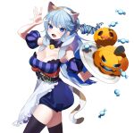  1girl :d animal_costume animal_ears apron bangs bell blue_eyes blue_hair breasts calico candy cat_costume cat_ears cat_tail choker cleavage detached_sleeves drill_hair fake_animal_ears fake_tail fang food hairband halloween hand_up holding holding_tray indie_virtual_youtuber jack-o&#039;-lantern koe_01_03 large_breasts long_hair looking_at_viewer neck_bell open_mouth puff_and_slash_sleeves puffy_sleeves pumpkin scrunchie short_sleeves shorts smile solo tail thighhighs tray trick_or_treat tsubakino_comachi underbust very_long_hair waist_apron wrapped_candy 