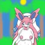  absurd_res anthro areola big_breasts blurred_background breasts crotch_lines digital_media_(artwork) eeveelution eyebrows female fur generation_6_pokemon hair hi_res humanoid looking_at_viewer makeup mammal mascara miyang_draws! nintendo nipples nude pink_areola pink_hair pink_nipples plant pokemon pokemon_(species) purple_mascara raised_eyebrow ribbons simple_background slutty_face smile solo sylveon tree video_games 