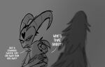  anthro avian beak bird blitzo_(helluva_boss) child clothing dress female frown group hair helluva_boss hi_res horn imp long_hair looking_away looking_back male monochrome octavia_(helluva_boss) owl owl_demon simple_background stella_(helluva_boss) teathekook text trio white_text young 