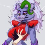  ambiguous_gender animatronic anthro blue_body breast_grab breasts canid canine disembodied_hand duo ear_piercing female five_nights_at_freddy&#039;s five_nights_at_freddy&#039;s:_security_breach fox green_hair hair hand_on_breast hi_res human jose_bonn lipstick machine makeup mammal multicolored_hair orange_eyes piercing robot roxanne_wolf_(fnaf) scottgames sharp_teeth side_boob simple_background teeth video_games white_hair wristband 