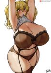  1girl armpits arms_up artist_name bangs batako_(pixiv54063972) blonde_hair blush bra breasts brown_bra brown_panties cleavage cowboy_shot curvy hair_between_eyes highres huge_breasts lifted_by_self long_hair looking_away navel nitroplus orange_eyes paid_reward_available panties patreon_username plump simple_background sleeveless solo super_pochaco thick_thighs thighhighs thighs tsurime twintails underwear web_address white_background wide_hips 