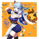  1girl :d animal_costume animal_ears apron bangs bat_(animal) bell blue_eyes blue_hair breasts calico candy cat_costume cat_ears cat_tail choker cleavage detached_sleeves drill_hair fake_animal_ears fake_tail fang food hairband halloween hand_up holding holding_tray indie_virtual_youtuber jack-o&#039;-lantern koe_01_03 large_breasts long_hair looking_at_viewer neck_bell open_mouth puff_and_slash_sleeves puffy_sleeves pumpkin scrunchie short_sleeves shorts smile solo tail thighhighs tray trick_or_treat tsubakino_comachi underbust very_long_hair waist_apron wrapped_candy 