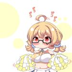  &gt;:) 1girl ahoge ahoge_wag bare_shoulders black-framed_eyewear blonde_hair blue_archive blush_stickers braid breasts closed_mouth cosplay expressive_hair glasses hibiki_(blue_archive) hibiki_(blue_archive)_(cosplay) hibiki_(cheerleader)_(blue_archive) hibiki_(cheerleader)_(blue_archive)_(cosplay) holding kotori_(blue_archive) kurukurumagical large_breasts long_hair low_twintails motion_lines navel pleated_skirt pom_pom_(cheerleading) red_eyes semi-rimless_eyewear skirt smile solo speed_lines twintails under-rim_eyewear v-shaped_eyebrows white_skirt 