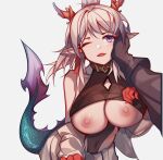  1girl 1other absurdres alternate_costume arknights arm_behind_back bare_shoulders black_gloves black_shirt breasts breasts_out clothes_lift covered_navel cowboy_shot dragon_horns dragon_tail earrings fang gloves highres horns jewelry large_breasts leaning_forward looking_at_viewer multicolored_hair nian_(arknights) nipples one_eye_closed paid_reward_available pointy_ears pov pov_hands purple_eyes red_hair shirt shirt_lift simple_background skin_fang solo_focus streaked_hair tail tassel tassel_earrings vsa_(xmj173178) white_background white_hair 