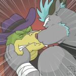  2022 alligator alligatorid anthro blue_hair brok_(character) brok_the_investigator clothing countershading crocodilian dart_(brok_the_investigator) duo eyes_closed goyemon_k green_body grey_body hair hat headgear headwear humanoid_hands kemono kissing male mammal murid murine rat reptile rodent scalie shirt topwear video_games 